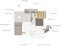 Interior design sample board showcasing flooring, cabinetry, countertops, backsplashes, hardware, and plumbing fixtures at 317 Old Town Village Rd, Waxhaw, NC 28173
