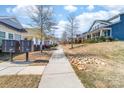 Street view showcasing sidewalks, landscaping, and charming blue houses in the neighborhood at 120 Keats Aly, Cramerton, NC 28032