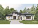 Beautiful front exterior of bright modern home with black trim, lush landscaping, and a two-car garage at 3A Riverlane Rd, Rock Hill, SC 29730