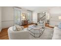Cozy living room with neutral tones, hardwood floors, and staircase view at 7700 Red Oak Ln, Charlotte, NC 28226