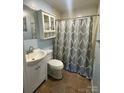 Bathroom featuring a toilet, sink and vanity, mirror, and shower with patterned curtain at 514 W Blume St, Landis, NC 28088