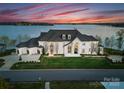 Stately white brick home with a well-manicured lawn, elegant landscaping, and circular driveway at sunset at 8228 Bay Pointe Dr, Denver, NC 28037