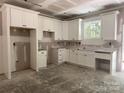 Unfinished kitchen featuring new white cabinets, countertop, and unfinished floors at 318 Stanback St, Mount Gilead, NC 27306
