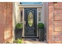 Elegant front door with decorative glass, black planters and brick surround at 221 Colony Dr, Mooresville, NC 28115
