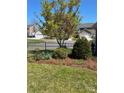 Close up of landscaped side yard with ornamental tree and black aluminum fence at 353 Montibello Dr, Mooresville, NC 28117