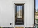 A contemporary front door with glass pane and modern hardware is surrounded by white trim and dark house numbers at 8707 Nolley Ct, Charlotte, NC 28270