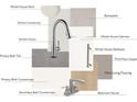A curated selection of home interior materials including countertops, paint, flooring, and hardware at 5604 Kingspan Dr, Charlotte, NC 28217