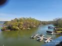 Aerial view showcasing waterfront property with private docks and lush surrounding nature at 9808 Emerald Point Dr # 10, Charlotte, NC 28278