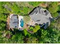 Aerial view of a luxury home featuring a beautiful backyard oasis with a pool and patio at 12627 Ninebark Trl, Charlotte, NC 28278