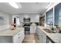 Modern kitchen showcasing stainless steel appliances, light gray cabinets, and granite countertops at 2420 Kannapolis Hwy, Concord, NC 28027