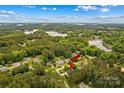 Overhead view showcasing the lush, wooded neighborhood surrounding a home near a lake at 4159 Isle Of Pines Dr, Denver, NC 28037