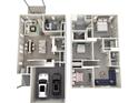 Aerial view of the floor plan showcasing the open-concept living space, bedrooms, and attached garage at 5016 Poplin Vly, Cherryville, NC 28021