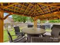 Relax in this backyard gazebo with a fire pit and an above ground swimming pool at 5519 Burning Ridge Dr, Monroe, NC 28110