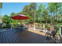 Outdoor deck with red umbrella and lots of seating, perfect for entertaining and relaxing outdoors at 202 Weeping Spring Dr, Mooresville, NC 28115