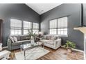 Bright living room featuring modern windows, a plush gray sofa, and a glass coffee table at 9052 Meadowmont View Dr, Charlotte, NC 28269
