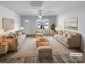 Living room virtually staged, featuring neutral paint, recessed lighting, ceiling fan and luxury vinyl plank flooring at 1325 Crandon Dr, Charlotte, NC 28216