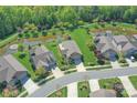 A picturesque aerial view of homes backing onto a beautiful pond and lush green spaces in a well-kept neighborhood at 1231 Restoration Dr, Marvin, NC 28173