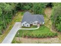 Stunning aerial view of a modern farmhouse featuring lush landscaping and a welcoming front entrance at 8225 Long Island Rd, Catawba, NC 28609
