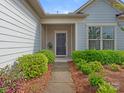 Inviting front entrance with a dark door, trimmed bushes, and a well-manicured walkway at 804 Birdsong Way, Fort Mill, SC 29715