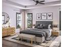 Serene main bedroom with tray ceiling, neutral tones, a ceiling fan and elegant decor at Lot 13 Pleasant Rd, Fort Mill, SC 29708