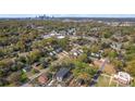 Expansive aerial view of a residential neighborhood with lush greenery and a distant city skyline at 3449 Byrnes St, Charlotte, NC 28205