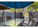 Cozy backyard patio with a large table, chairs, privacy fence, and hanging plants at 158 Water Oak Dr, Pineville, NC 28134