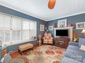 Cozy living room features shuttered windows, plush seating, a patterned rug, and built-in shelving providing stylish comfort at 2620 Park Rd, Charlotte, NC 28209