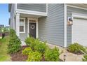 Inviting front entrance featuring a black door with wreath, sidelights, and manicured landscaping at 15116 Caspian Way, Charlotte, NC 28278