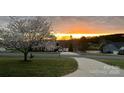 Picturesque street view with mature trees, a curved driveway, and a beautiful sunrise backdrop at 557 Luther Dr, Iron Station, NC 28080
