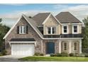Charming two-story home with stone and brick exterior, arched entry, dormer windows, two-car garage, and manicured front lawn at 3025 Tramore Dr, Harrisburg, NC 28075