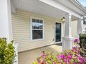 Close-up of the inviting front porch featuring a black door and blooming flowers at 8829 Michaw Ct, Charlotte, NC 28269