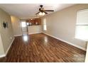 Spacious living room featuring hardwood floors and recessed lights, seamlessly connecting to the kitchen area at 2043 Shady Pond Dr, Clover, SC 29710