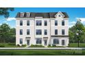New three-story townhome shows modern white brick, gray trim, and green landscaping at 4100 Alexander View Dr # 1, Charlotte, NC 28226
