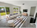 Bright living room featuring a fireplace, modern furniture, and sliding glass doors to the backyard at 4437 Devonhill Ln, Charlotte, NC 28269