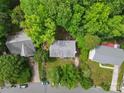 An aerial view showcases a house nestled in a neighborhood surrounded by lush greenery and mature trees at 1007 Doby Springs Dr, Charlotte, NC 28262