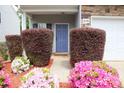Inviting front entrance with a blue door, lush bushes, and colorful flowers along a walkway at 8820 First Run Ct, Charlotte, NC 28215