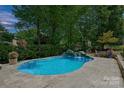 Sparkling swimming pool featuring a scenic rock waterfall and lush, mature landscaping at 205 Commodore Ct, Belmont, NC 28012