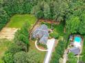 Expansive aerial view of property with mature trees, swimming pool, guesthouse and lush landscaping at 3519 Weddington Oaks Dr, Matthews, NC 28104