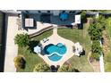 Stunning aerial view of backyard featuring kidney-shaped pool, hot tub, outdoor furniture and lush landscaping at 7018 Huntsmaster Dr, Charlotte, NC 28277