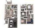 3D floor plan highlighting the home's layout with furniture, showcasing the flow between rooms and the two-car garage at 1441 31St Ne St, Conover, NC 28613