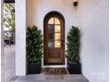 Arched wood front door with glass detailing, flanked by potted greenery and a 'hello' doormat at 443 Beaumont Ave, Charlotte, NC 28204