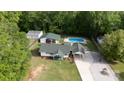 An aerial view showcasing the home, pool, detached garage, and large yard at 1115 Old Thompson Ave, Lancaster, SC 29720