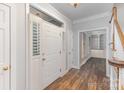 Welcoming entryway featuring a wood floor, white trim, and a stylish white door with decorative shutters at 1468 Woodhurst Dr, Rock Hill, SC 29732