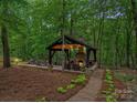 Inviting outdoor fireplace and patio area surrounded by lush trees at 1305 Anniston Pl, Wesley Chapel, NC 28079