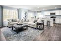 Open-concept living room featuring contemporary furnishings, wood floors, and seamless flow into the kitchen and dining area at 5224 Mccallum Meadows Dr, Charlotte, NC 28216