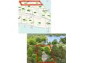 Aerial view showing the property's layout, location, and proximity to the lake, marked within a red border at 7525 Windy Pine Cir, Denver, NC 28037