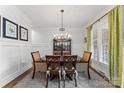 Inviting dining room with stylish chandelier, wainscoting, and bright windows, perfect for entertaining at 7811 Compton Ct, Charlotte, NC 28270