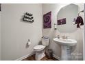 Stylish half bathroom featuring a pedestal sink, decorative mirror, and modern fixtures at 145 Marron Dr, Indian Trail, NC 28079