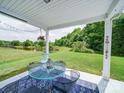 Relaxing covered back porch with views of the expansive lawn and a tranquil pond at 4008 Houndscroft Rd, Indian Trail, NC 28079