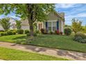 Landscaped front yard view of home featuring mature tree, lush green grass, and blue window shutters at 2008 Taras Trace Dr, Statesville, NC 28625